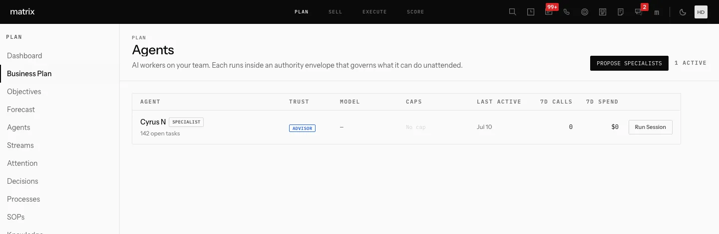 Matrix BOS Agents: AI workers on the team, each inside an authority envelope