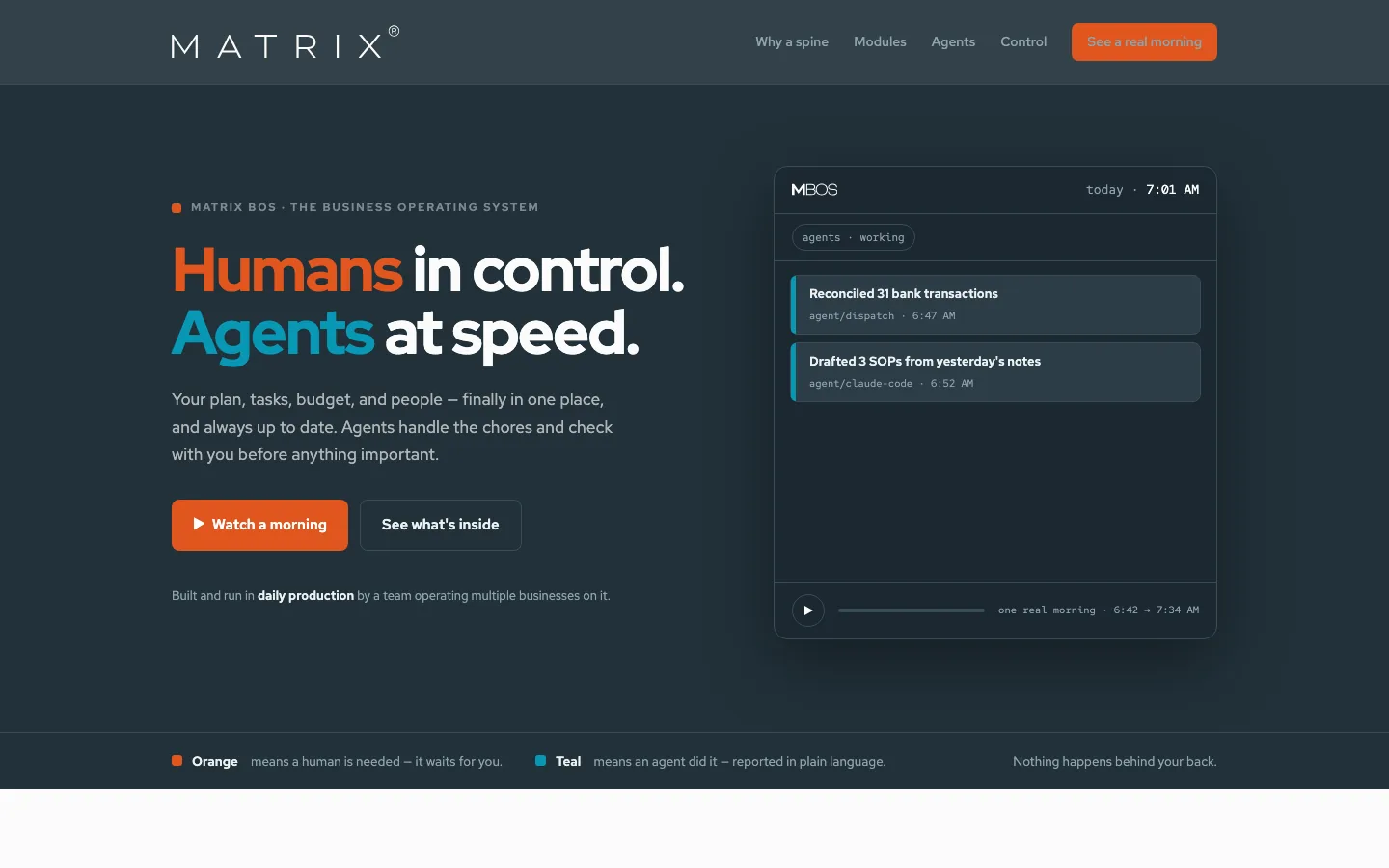 matrixbos.com: Humans in control. Agents at speed. One real morning of agent activity.