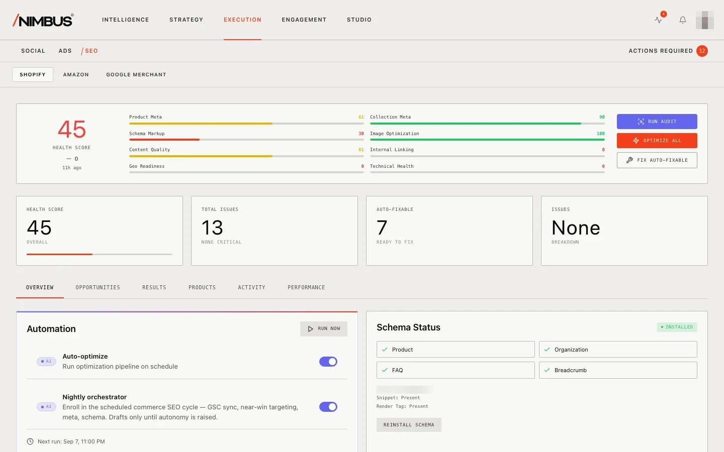 Nimbus SEO overview: health score, issues, and the nightly orchestrator