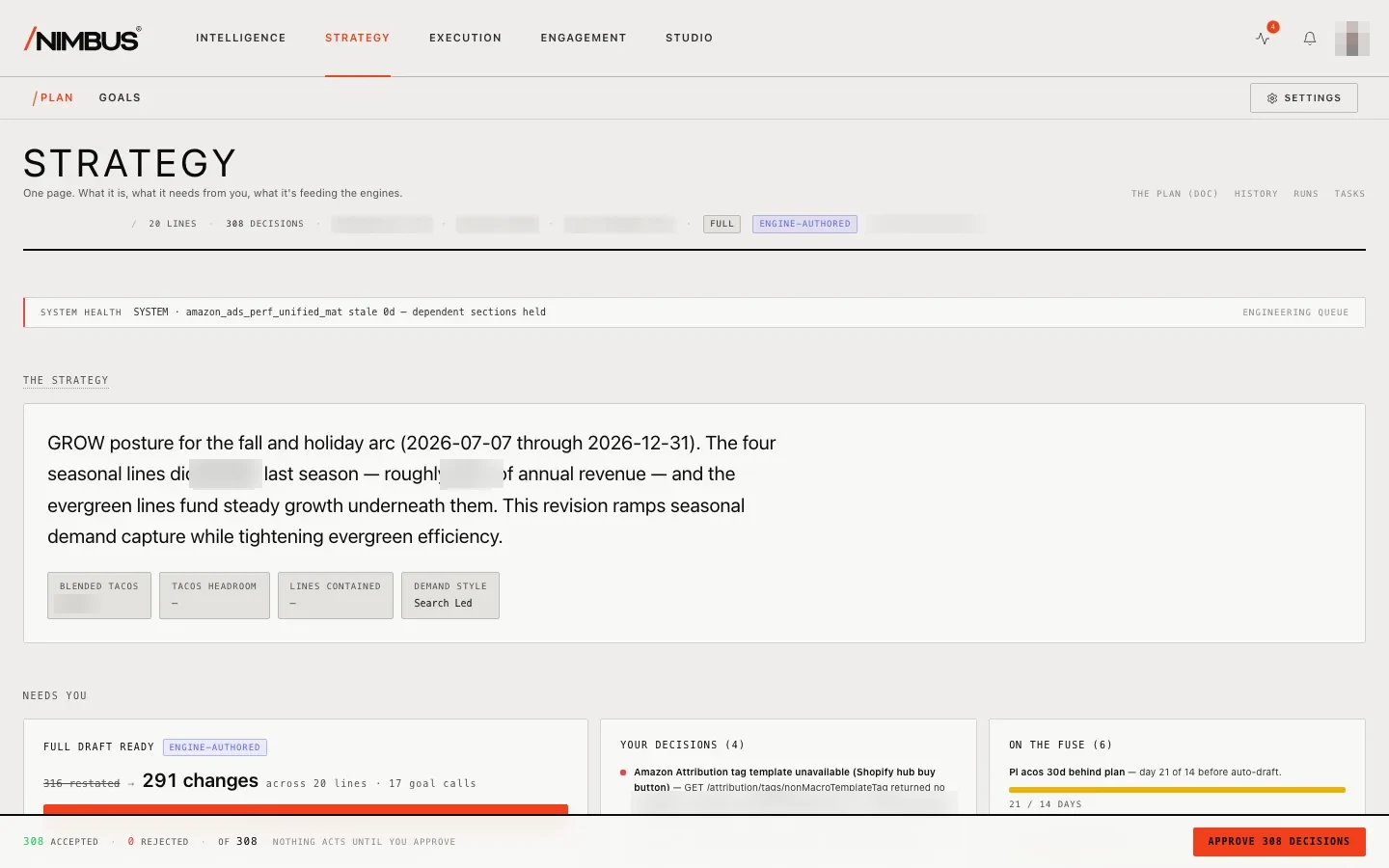 Nimbus Strategy page: an engine-authored seasonal plan with decisions awaiting approval
