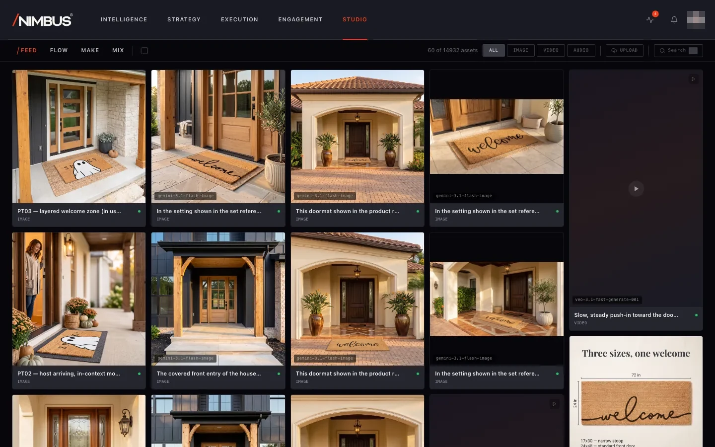 Nimbus Studio feed: generated product imagery for a home-goods brand, 60 of 14,932 assets