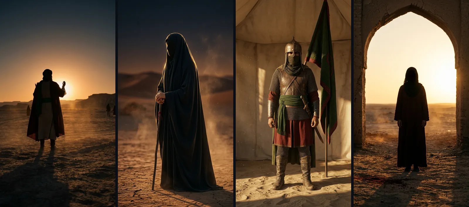 Four approved character references from the series, shown in silhouette and from behind per the series content rules: Imam Husayn at sunrise, Lady Zainab with her staff, Hazrat Abbas with the standard, Umm Kulthum in a doorway.