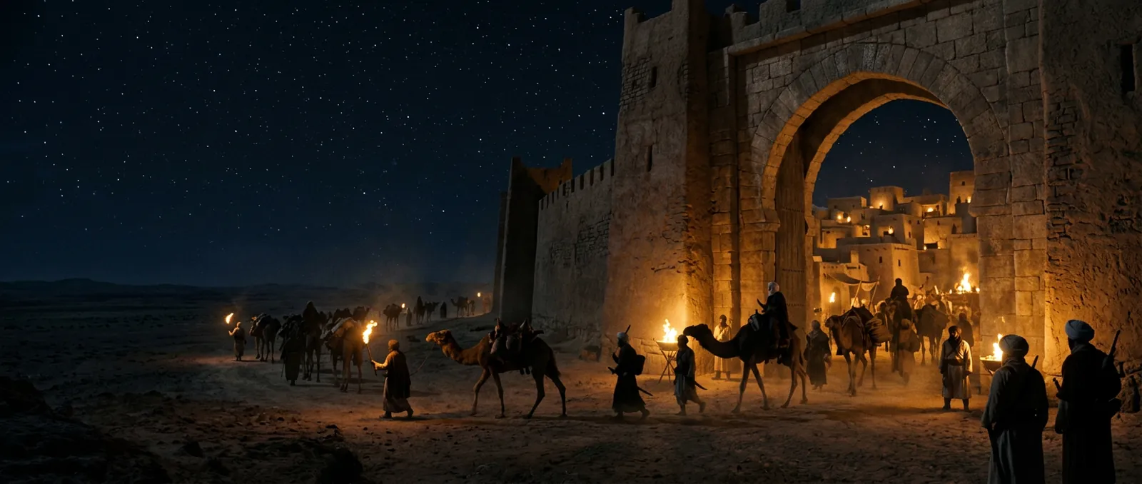 Showrunner location plate: the gates of Medina at night, a torchlit caravan departing under the stars. Generated and approved inside the series before any video was rendered.
