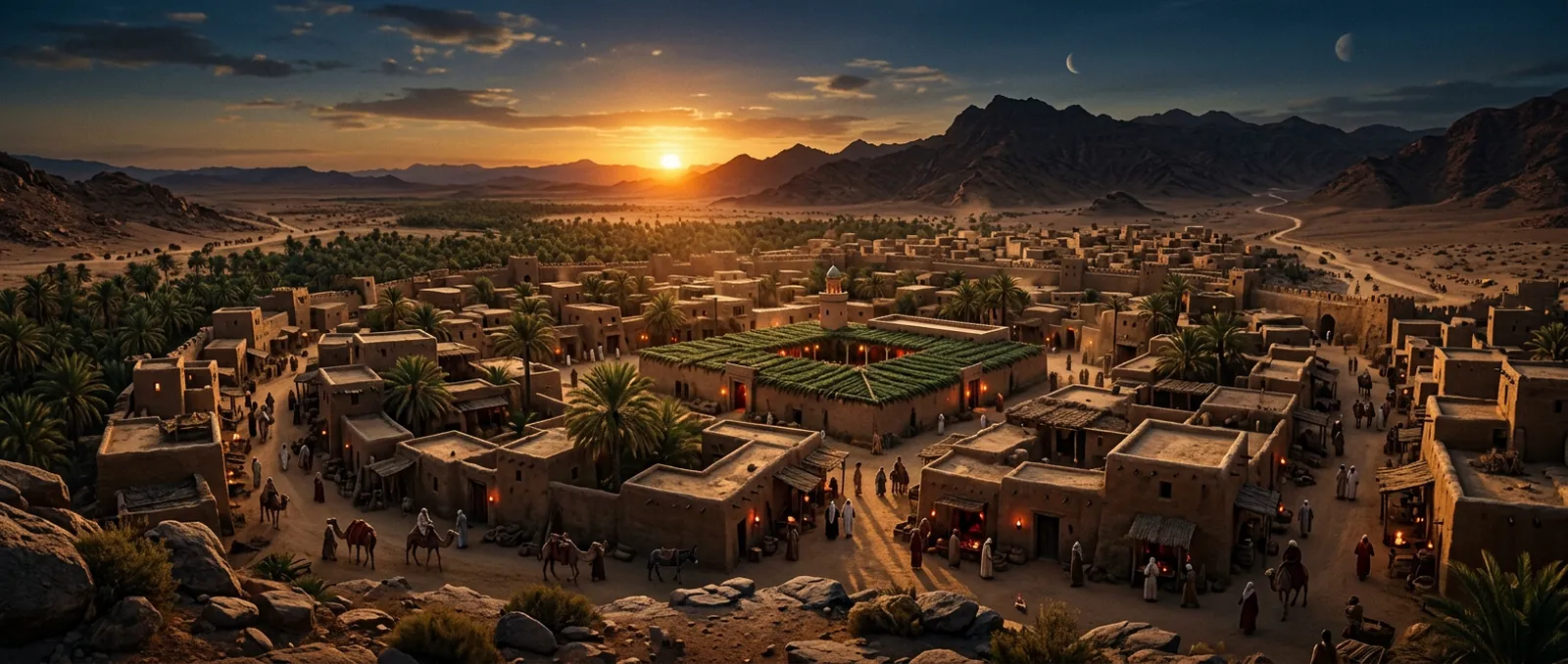 Showrunner location plate: Medina at dusk, palm groves and mud-brick houses under a setting sun.