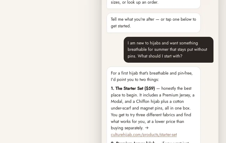 CULTURE Concierge answering a first-time buyer with fabric guidance and the Starter Set
