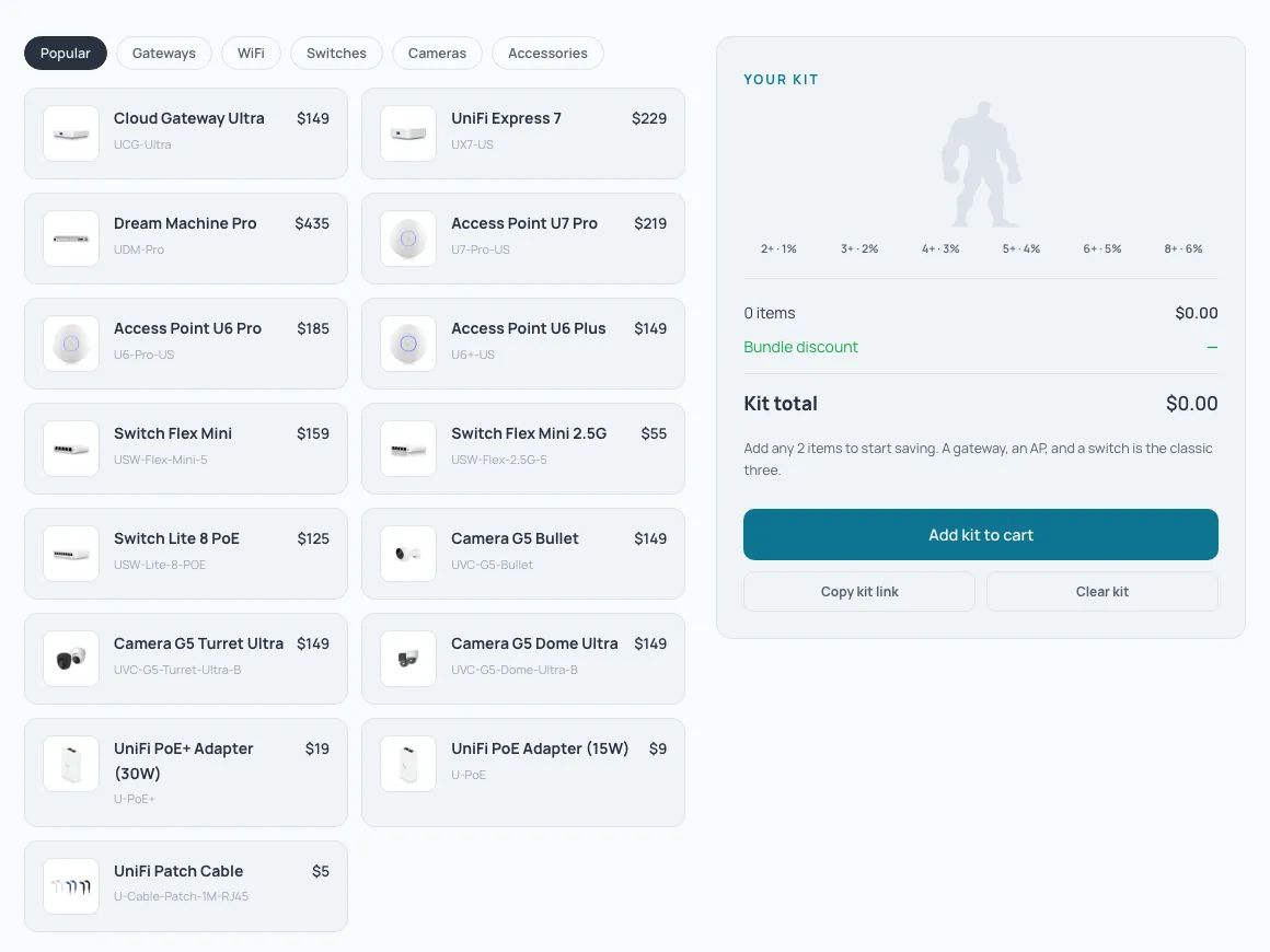 Kit builder: full catalog on the left, a kit with tiered bundle discount on the right